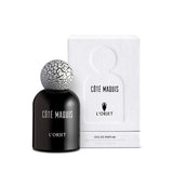 black bell shaped glass bottle with white lettering topped with a round crackle top