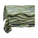 Linen rectangular tablecloth with an organic, undulating pattern in blue, green and ivory hues.
