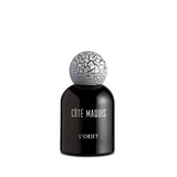 black bell shaped glass bottle with white lettering topped with a round white crackle top 