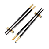 Set of Two Pairs of Zen Chopsticks and Rests - Black and Wood Chopsticks Adorned with Gold Metal and Blue Stones