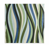 Linen napkins with an organic, undulating pattern in blue, green and ivory hues.