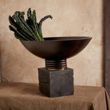 Alhambra Oval Bowl. Hand-carved, fine smoked ash oval-shaped bowl floating on stacked wood pedestal with a brass base.